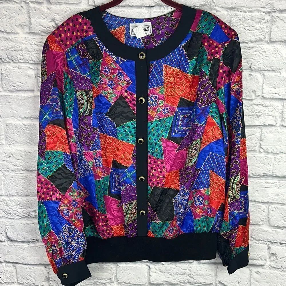 Vintage Colorful Patchwork Women's Bomber Jacket Pullover Size 22